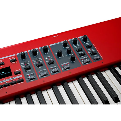 Close up view of Nord Piano 5 88 Note Triple Sensor Stage Keyboard in signature red finish with triple sensor weighted action