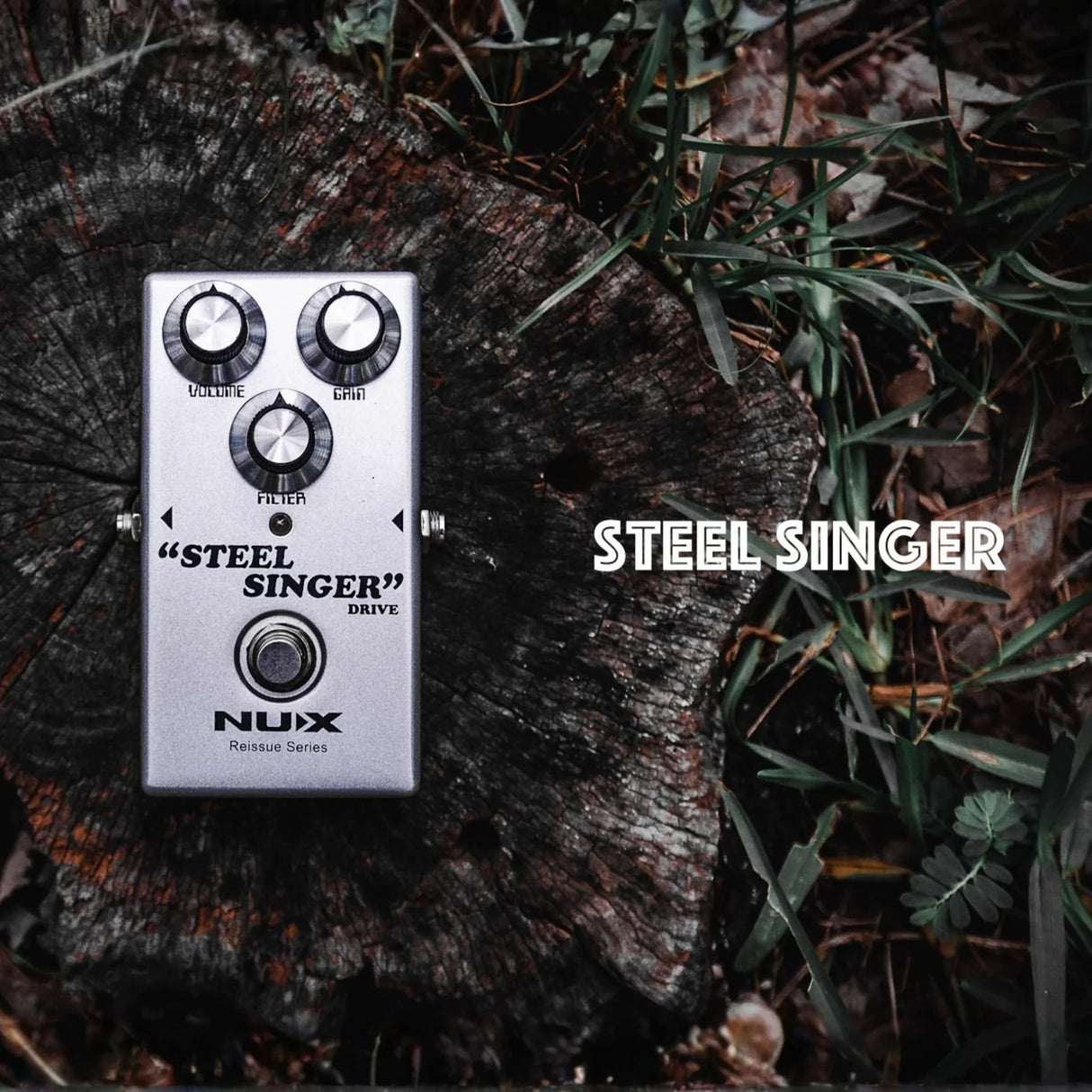 NUX Steel Singer Drive overdrive pedal with boutique amp-inspired tone, smooth high end, sweet mid-range, 1M ohm input impedance, 10K ohm output impedance, and 9V power