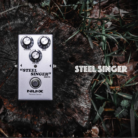 NUX Steel Singer Drive overdrive pedal with boutique amp-inspired tone, smooth high end, sweet mid-range, 1M ohm input impedance, 10K ohm output impedance, and 9V power