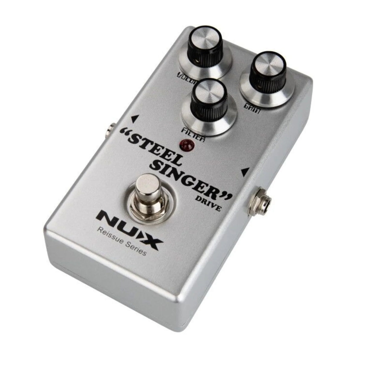 NUX Steel Singer Drive overdrive pedal with boutique amp-inspired tone, smooth high end, sweet mid-range, 1M ohm input impedance, 10K ohm output impedance, and 9V power