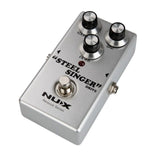 NUX Steel Singer Drive overdrive pedal with boutique amp-inspired tone, smooth high end, sweet mid-range, 1M ohm input impedance, 10K ohm output impedance, and 9V power