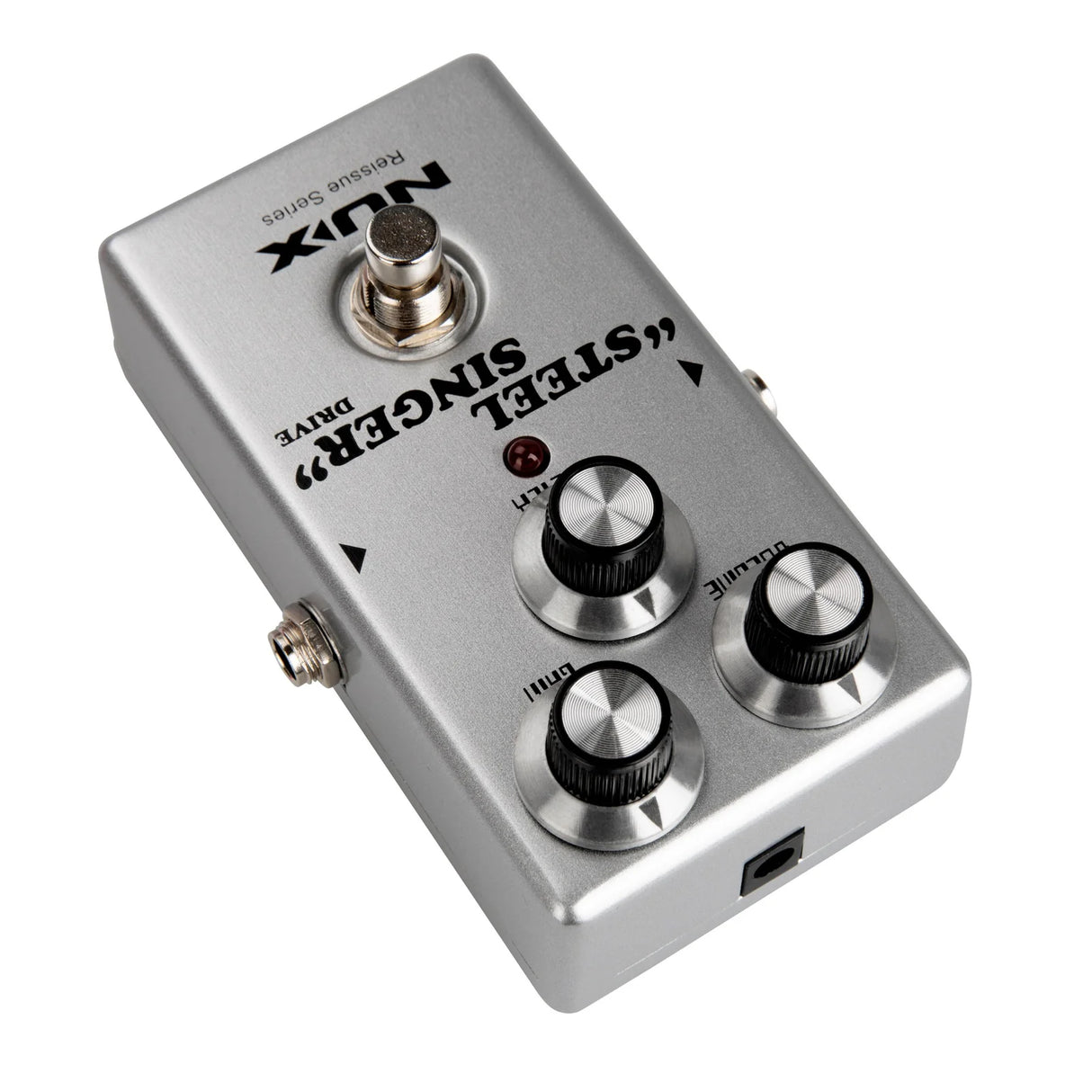 NUX Steel Singer Drive overdrive pedal with boutique amp-inspired tone, smooth high end, sweet mid-range, 1M ohm input impedance, 10K ohm output impedance, and 9V power