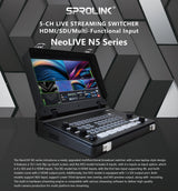 Sprolink NeoLIVE N5S laptop-style video switcher rear panel showing SDI and HDMI ports on white background