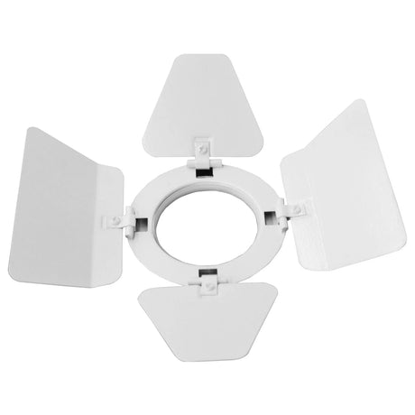 Odyssey LSPAR20BDW white aluminum barn door for PAR 20 Odyssey light fixtures with adjustable folding frame, 4.25 x 3.5 x 0.75 inch folded size, and 0.35 lb weight