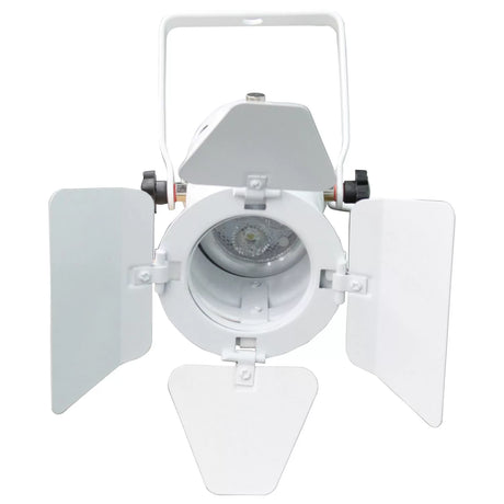 Odyssey LSPAR20BDW white aluminum barn door for PAR 20 Odyssey light fixtures with adjustable folding frame, 4.25 x 3.5 x 0.75 inch folded size, and 0.35 lb weight