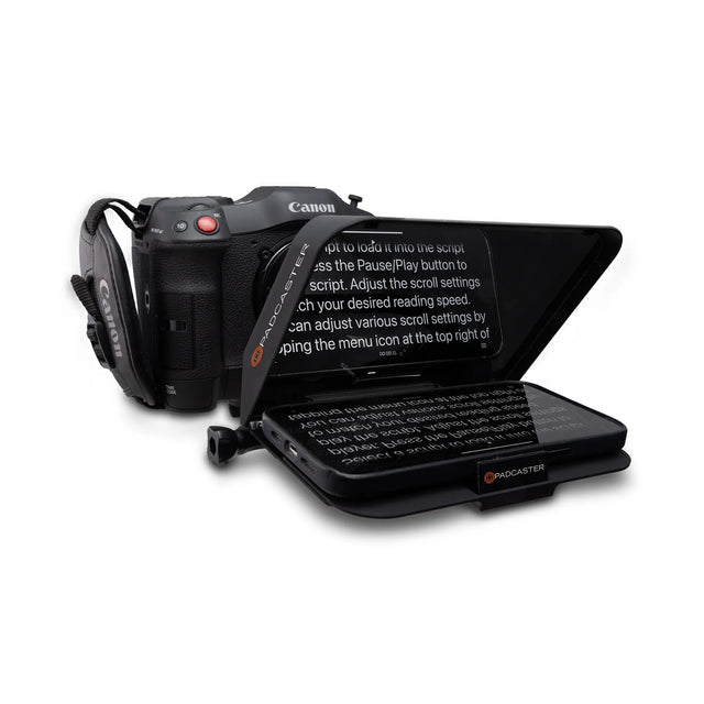 DSLR view of Padcaster Parrot Pro teleprompter kit for video production and broadcasting