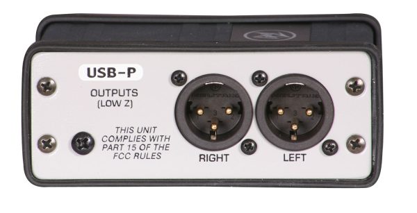 Side/top view of Peavey USB-P showing model label, FCC compliance note, and dual balanced XLR outputs labeled LEFT and RIGHT (Low Z), on gray/black enclosure