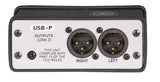 Side/top view of Peavey USB-P showing model label, FCC compliance note, and dual balanced XLR outputs labeled LEFT and RIGHT (Low Z), on gray/black enclosure