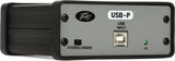 Front view of Peavey USB-P USB playback interface with USB Type B input port, green power LED on, stereo/mono switch, Peavey branding, and model label on gray/black metal enclosure