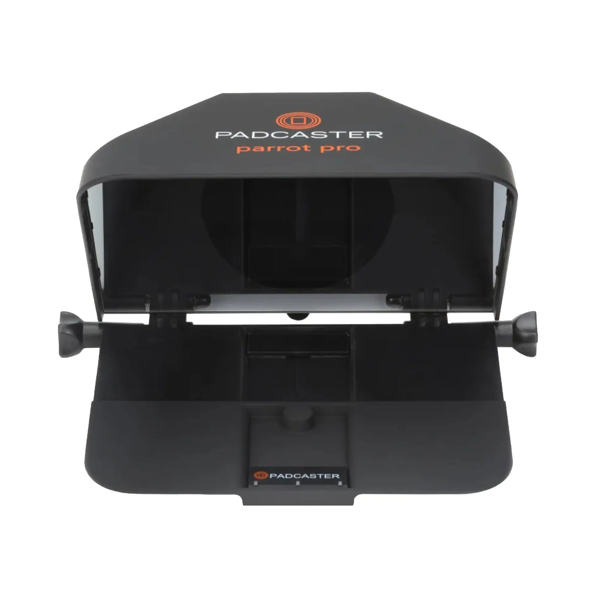 Front view of Padcaster Parrot Pro teleprompter kit for video production and broadcasting