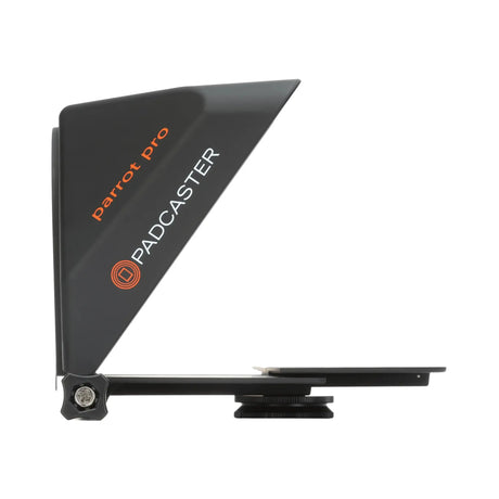 Side view of Padcaster Parrot Pro teleprompter kit for video production and broadcasting