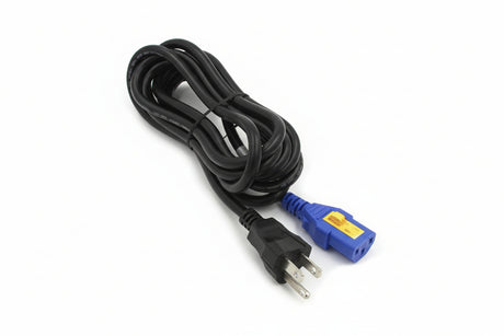 Straightened 9.8-foot black QSC WC-000586-20 AC power cord showing NEMA 5-15P US 3-prong plug on left and blue locking IEC C14 connector (yellow marker) on right end, against white background