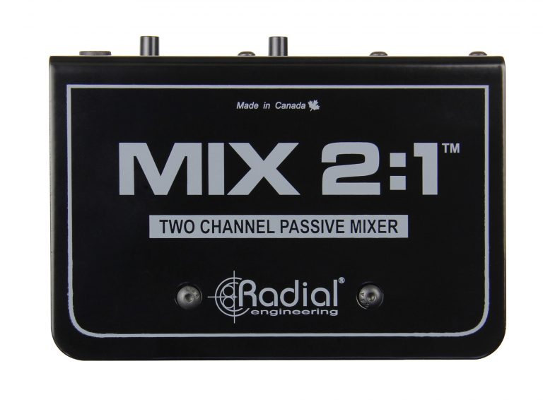 Top view of Radial MIX 2:1 passive mixer highlighting compact 5 x 3.25 x 1.85-inch design, bypass switches, and passive circuitry labels