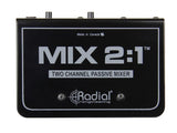 Top view of Radial MIX 2:1 passive mixer highlighting compact 5 x 3.25 x 1.85-inch design, bypass switches, and passive circuitry labels