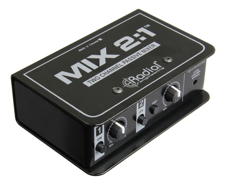 Angled top view of Radial MIX 2:1 passive mixer highlighting compact 5 x 3.25 x 1.85-inch design, bypass switches, and passive circuitry labels
