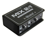 Angled top view of Radial MIX 2:1 passive mixer highlighting compact 5 x 3.25 x 1.85-inch design, bypass switches, and passive circuitry labels