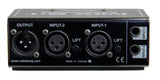 Rear panel of Radial MIX 2:1 mixer displaying dual balanced 1/4-inch TRS and XLR inputs with trim knobs and phase reverse switch on 14-gauge steel enclosure