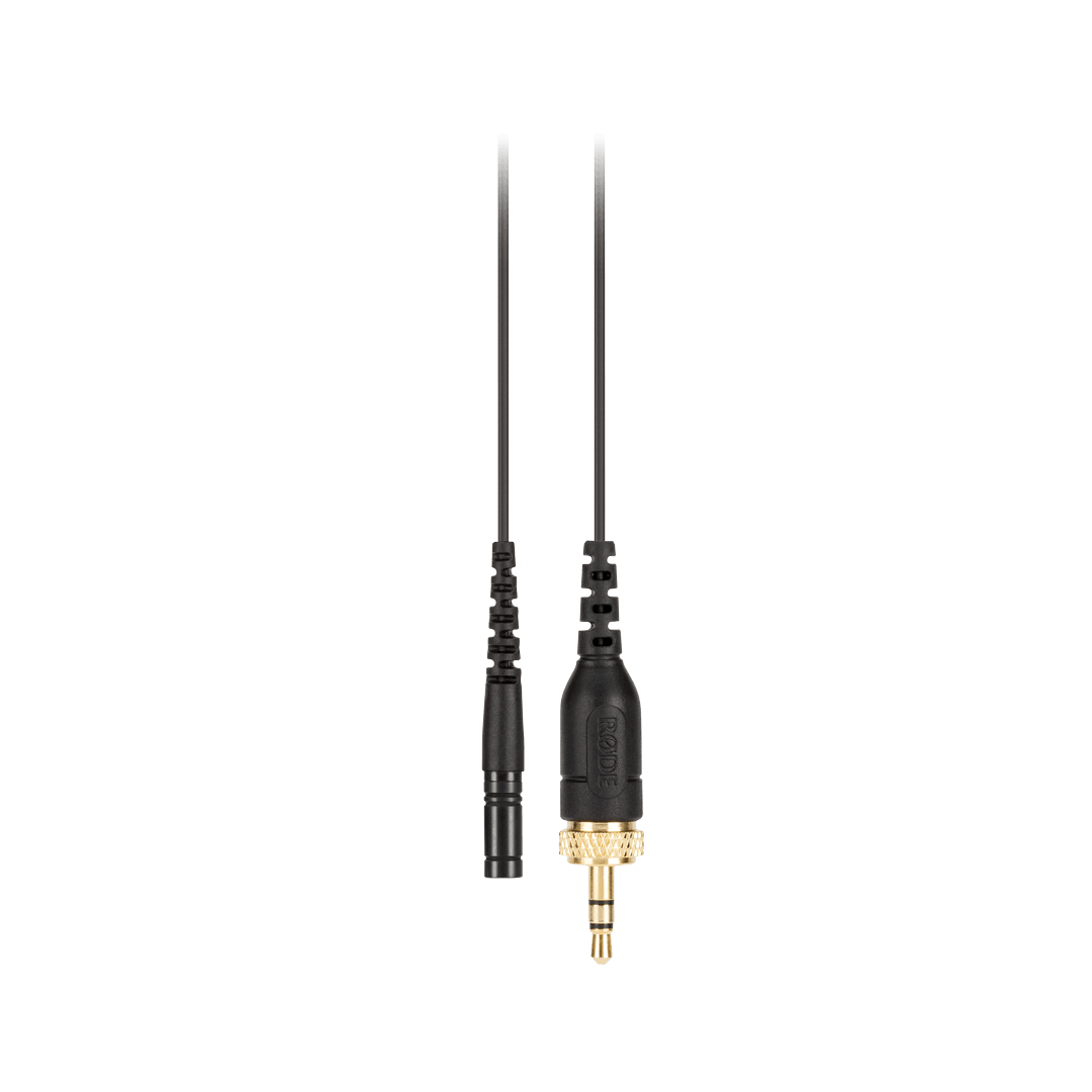 RODE RODELink LAV omnidirectional miniature lavalier microphone with 3.5mm TRS locking connector, 4.5mm condenser capsule, Kevlar-reinforced cable, pop shield, and mounting clip