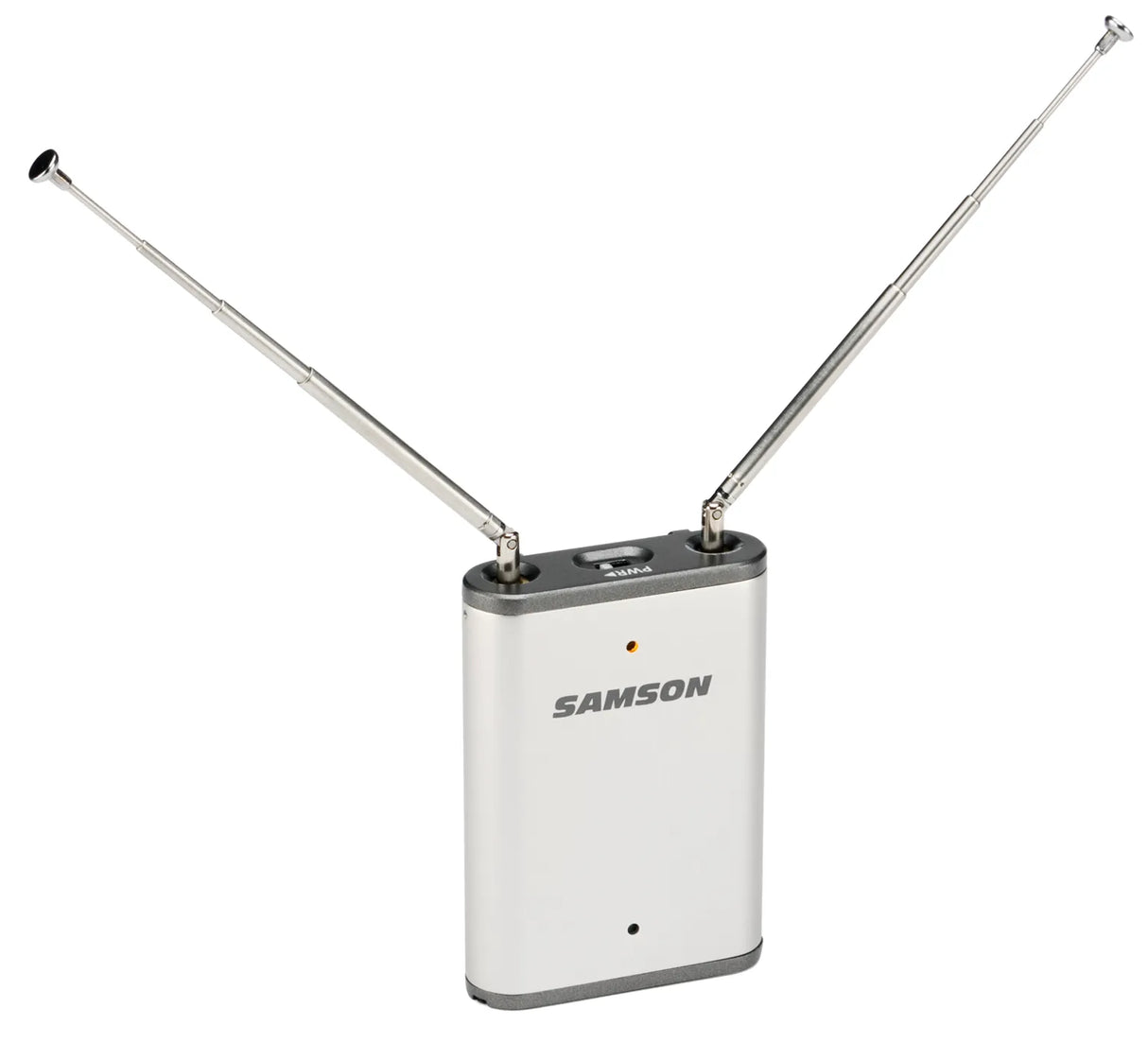 Samson AirLine Micro AR2 wireless receiver with 1/8-inch mic line output, lithium-ion rechargeable battery, USB DC charging, tone key circuitry, and K1/K2/K3 options