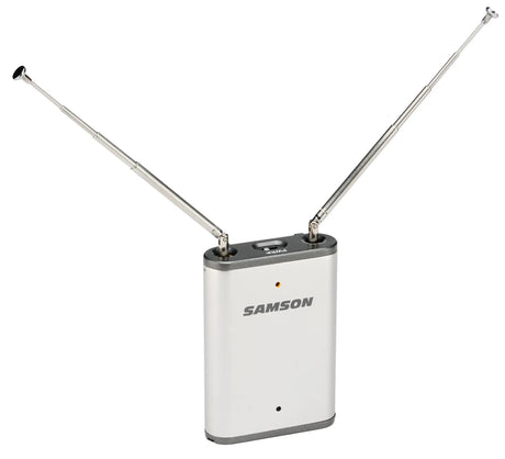 Samson AirLine Micro AR2 wireless receiver with 1/8-inch mic line output, lithium-ion rechargeable battery, USB DC charging, tone key circuitry, and K1/K2/K3 options