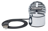 Samson Meteorite USB condenser microphone with 14mm diaphragm, cardioid pickup, 16-bit 44.1/48kHz audio, integrated USB cable, and removable magnetic base