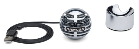 Samson Meteorite USB condenser microphone with 14mm diaphragm, cardioid pickup, 16-bit 44.1/48kHz audio, integrated USB cable, and removable magnetic base