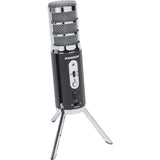 Samson Satellite USB/iOS broadcast microphone with dual 16mm condenser capsules, three pickup patterns, 24-bit/96kHz audio, headphone output, mute switch, and fold-back legs