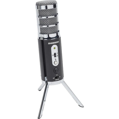 Samson Satellite USB/iOS broadcast microphone with dual 16mm condenser capsules, three pickup patterns, 24-bit/96kHz audio, headphone output, mute switch, and fold-back legs