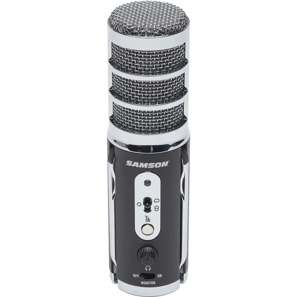 Samson Satellite USB/iOS broadcast microphone with dual 16mm condenser capsules, three pickup patterns, 24-bit/96kHz audio, headphone output, mute switch, and fold-back legs