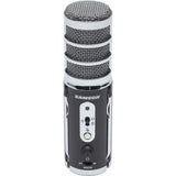 Samson Satellite USB/iOS broadcast microphone with dual 16mm condenser capsules, three pickup patterns, 24-bit/96kHz audio, headphone output, mute switch, and fold-back legs