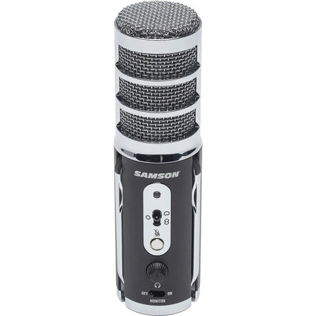Samson Satellite USB/iOS broadcast microphone with dual 16mm condenser capsules, three pickup patterns, 24-bit/96kHz audio, headphone output, mute switch, and fold-back legs