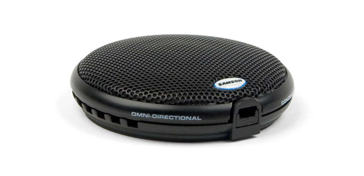 Samson UB1 USB boundary microphone with low-profile design, omnidirectional pickup, 16-bit 44.1-48kHz audio, 10-foot USB cable, solid zinc body, and steel grille
