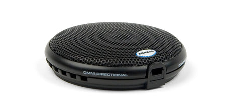 Samson UB1 USB boundary microphone with low-profile design, omnidirectional pickup, 16-bit 44.1-48kHz audio, 10-foot USB cable, solid zinc body, and steel grille