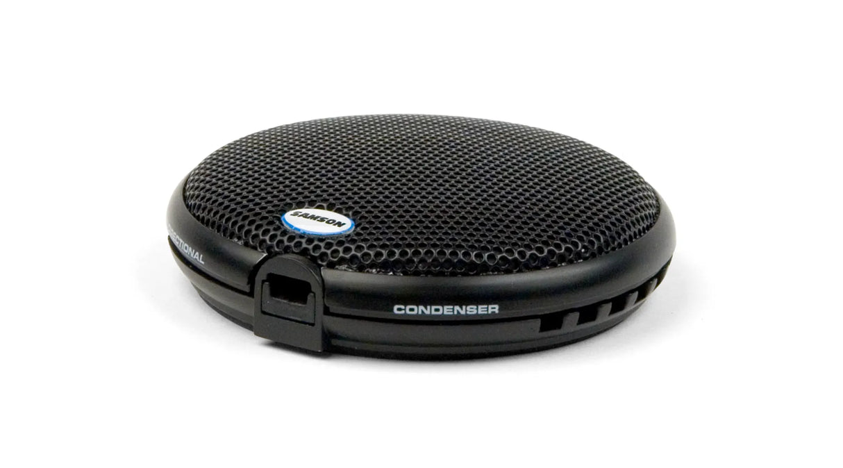 Samson UB1 USB boundary microphone with low-profile design, omnidirectional pickup, 16-bit 44.1-48kHz audio, 10-foot USB cable, solid zinc body, and steel grille