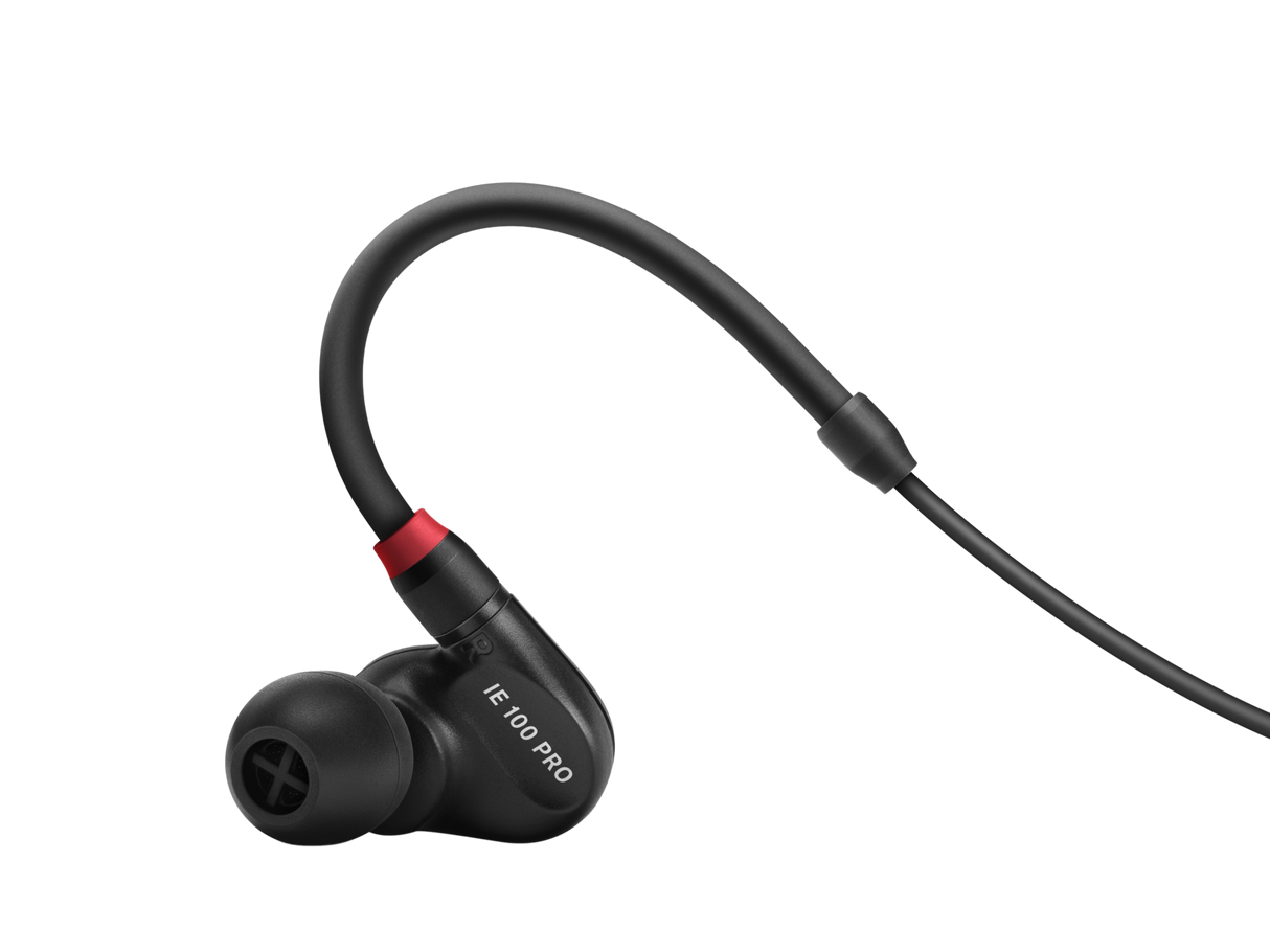 Sennheiser IE 100 PRO black in-ear monitoring headphones with dynamic transducer, detachable 1.3m cable, 20Hz-18kHz response, 20-ohm impedance, and 3.5mm plug