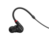 Sennheiser IE 100 PRO black in-ear monitoring headphones with dynamic transducer, detachable 1.3m cable, 20Hz-18kHz response, 20-ohm impedance, and 3.5mm plug
