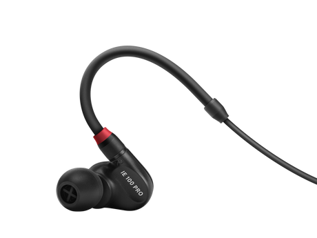 Sennheiser IE 100 PRO black in-ear monitoring headphones with dynamic transducer, detachable 1.3m cable, 20Hz-18kHz response, 20-ohm impedance, and 3.5mm plug