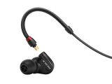Sennheiser IE 100 PRO black in-ear monitoring headphones with dynamic transducer, detachable 1.3m cable, 20Hz-18kHz response, 20-ohm impedance, and 3.5mm plug