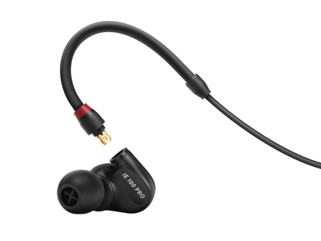 Sennheiser IE 100 PRO black in-ear monitoring headphones with dynamic transducer, detachable 1.3m cable, 20Hz-18kHz response, 20-ohm impedance, and 3.5mm plug