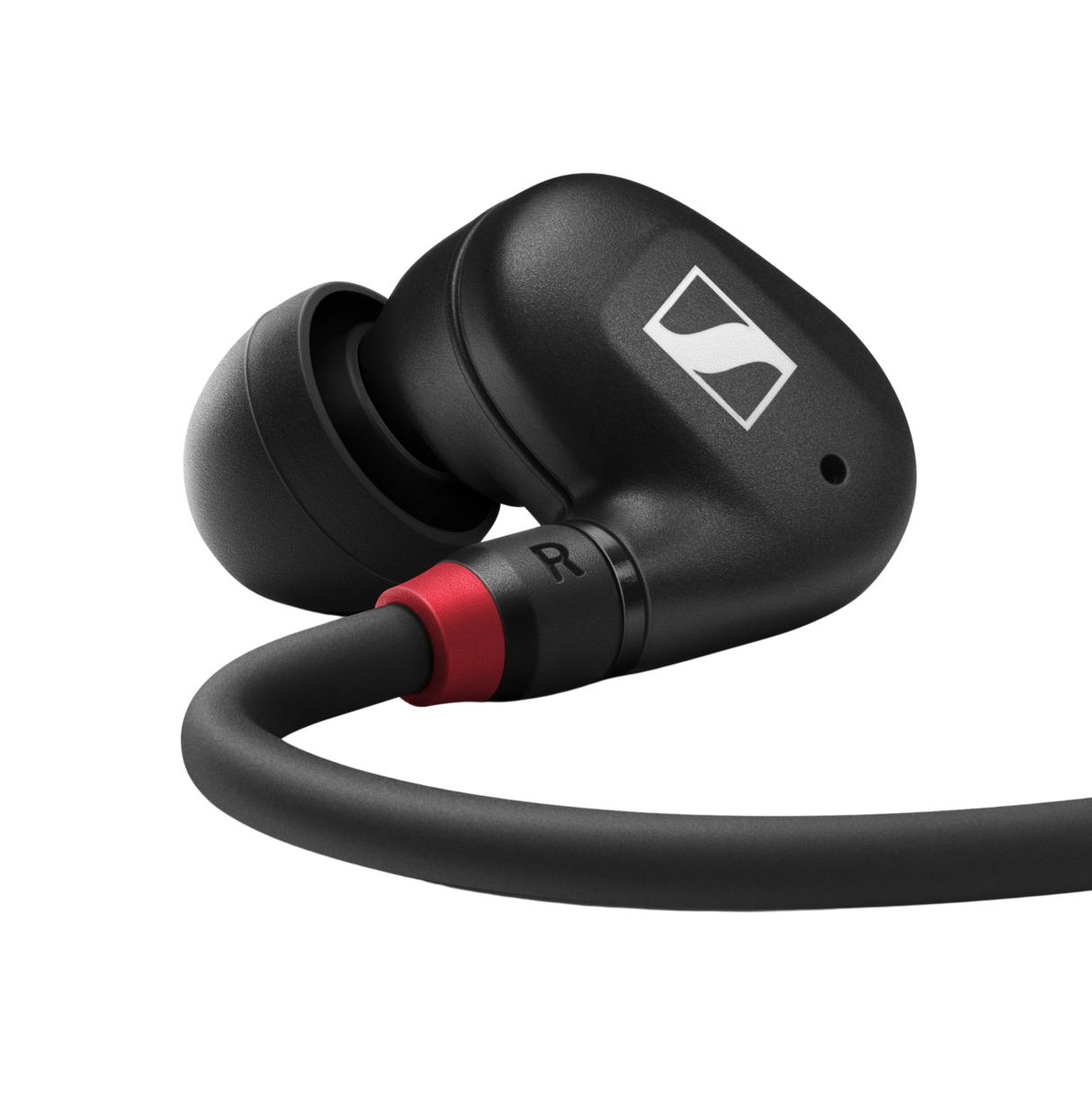 Sennheiser IE 100 PRO black in-ear monitoring headphones with dynamic transducer, detachable 1.3m cable, 20Hz-18kHz response, 20-ohm impedance, and 3.5mm plug