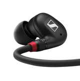 Sennheiser IE 100 PRO black in-ear monitoring headphones with dynamic transducer, detachable 1.3m cable, 20Hz-18kHz response, 20-ohm impedance, and 3.5mm plug