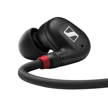 Sennheiser IE 100 PRO black in-ear monitoring headphones with dynamic transducer, detachable 1.3m cable, 20Hz-18kHz response, 20-ohm impedance, and 3.5mm plug