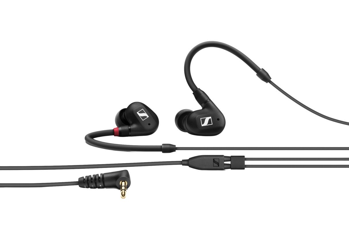 Sennheiser IE 100 PRO black in-ear monitoring headphones with dynamic transducer, detachable 1.3m cable, 20Hz-18kHz response, 20-ohm impedance, and 3.5mm plug