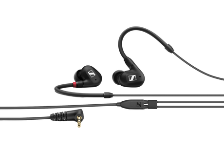 Sennheiser IE 100 PRO black in-ear monitoring headphones with dynamic transducer, detachable 1.3m cable, 20Hz-18kHz response, 20-ohm impedance, and 3.5mm plug