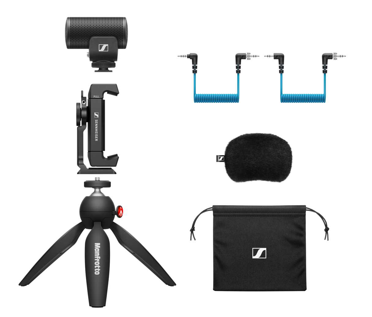 Sennheiser MKE 200 Mobile Kit on-camera shotgun microphone with smartphone clamp, Manfrotto PIXI Mini Tripod, furry windscreen, and TRS/TRRS cables
