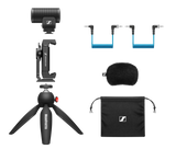 Sennheiser MKE 200 Mobile Kit on-camera shotgun microphone with smartphone clamp, Manfrotto PIXI Mini Tripod, furry windscreen, and TRS/TRRS cables