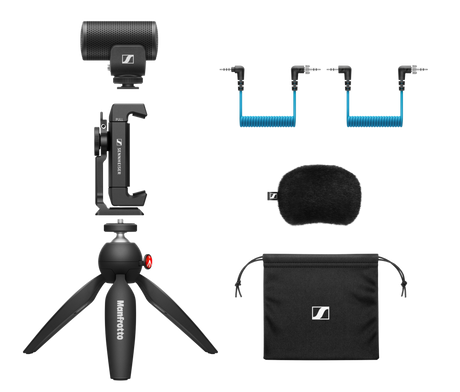 Sennheiser MKE 200 Mobile Kit on-camera shotgun microphone with smartphone clamp, Manfrotto PIXI Mini Tripod, furry windscreen, and TRS/TRRS cables