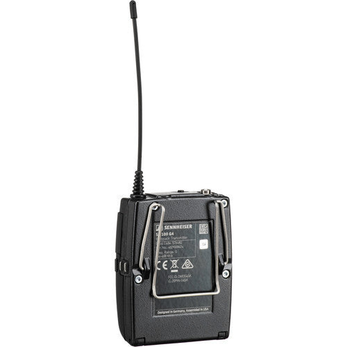 Sennheiser SK 100 G4-G bodypack transmitter with IR sync, 42MHz bandwidth, 1680 selectable frequencies, 100m range, 30mW RF output, and AA batteries