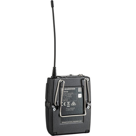 Sennheiser SK 100 G4-G bodypack transmitter with IR sync, 42MHz bandwidth, 1680 selectable frequencies, 100m range, 30mW RF output, and AA batteries