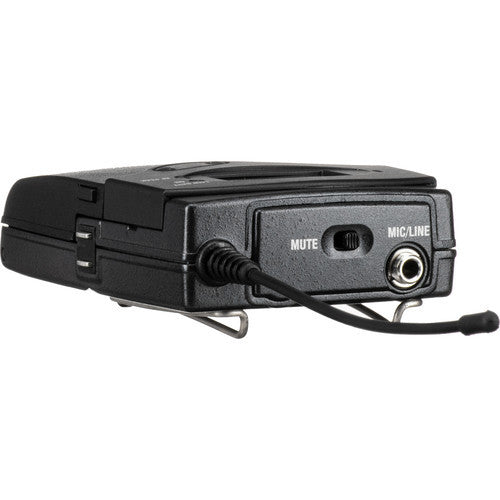 Sennheiser SK 100 G4-G bodypack transmitter with IR sync, 42MHz bandwidth, 1680 selectable frequencies, 100m range, 30mW RF output, and AA batteries